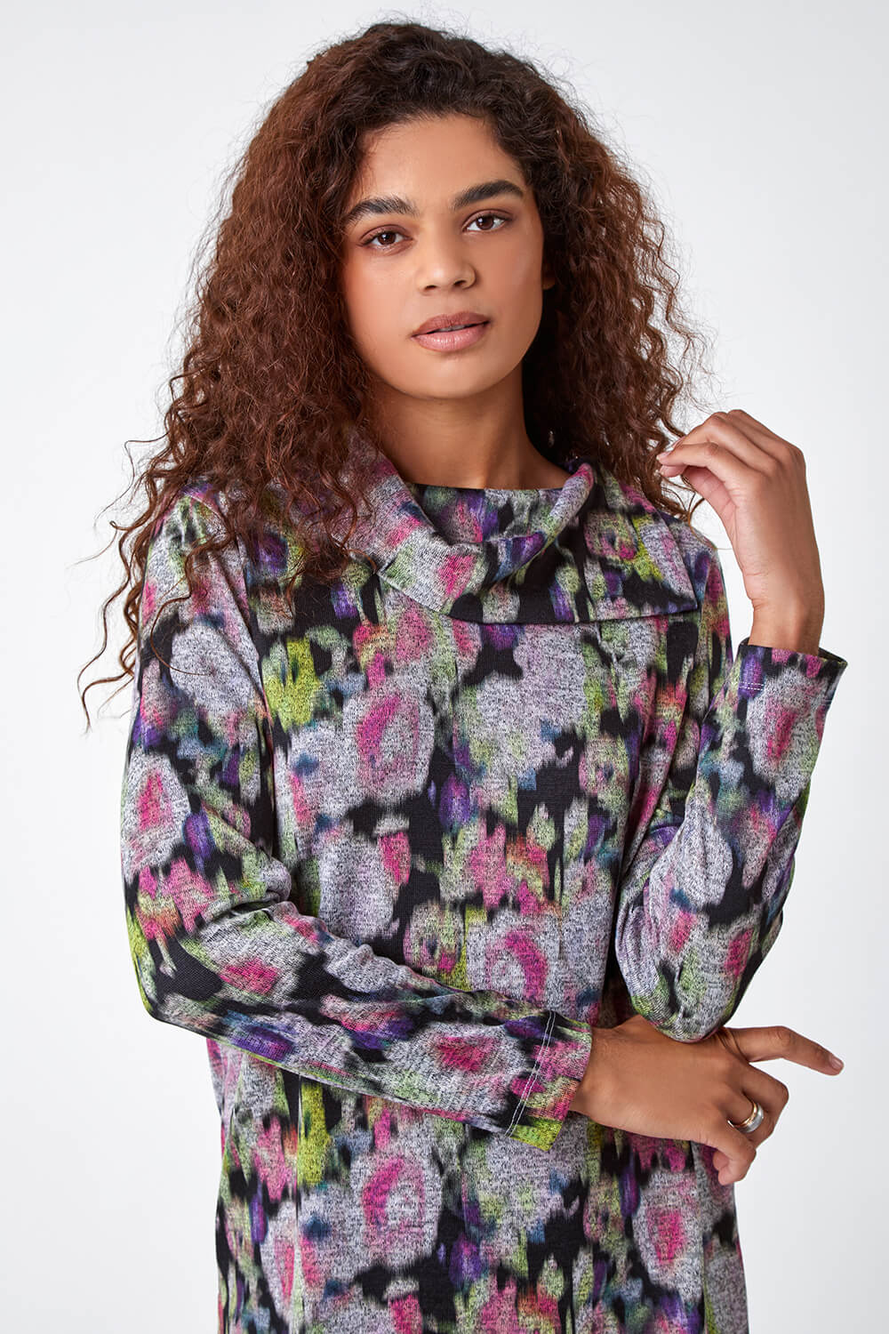 Grey Floral Print Fold Neck Stretch Top, Image 4 of 5