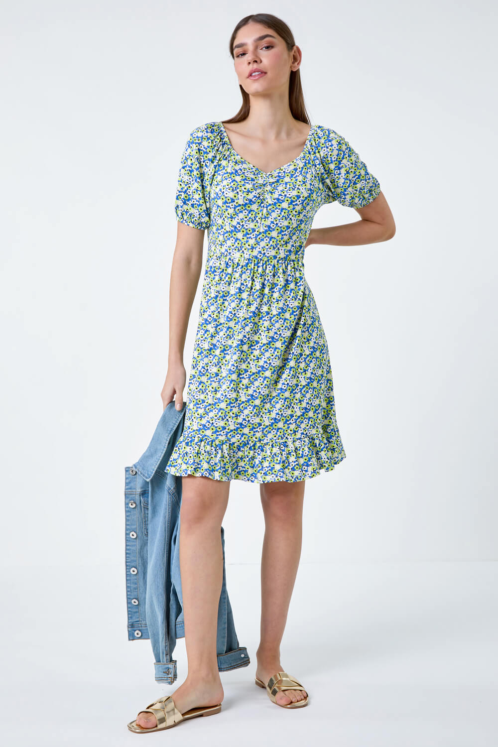 Lime Ditsy Floral Ruched Frill Stretch Dress, Image 2 of 5