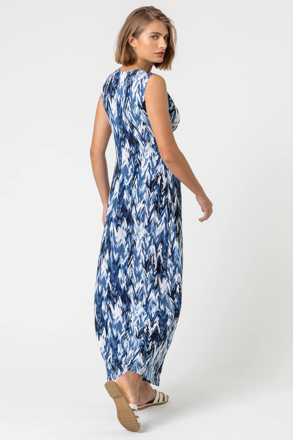 Blue Abstract Print Twist Front Ruched Maxi Dress, Image 2 of 4