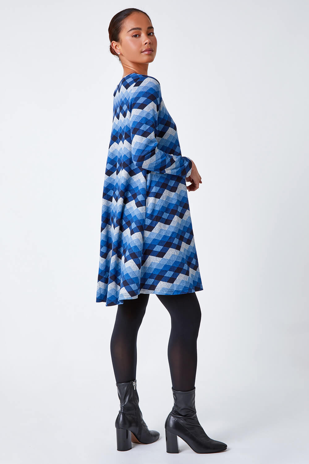 Blue Petite Check Print Swing Stretch Dress, Image 3 of 5
