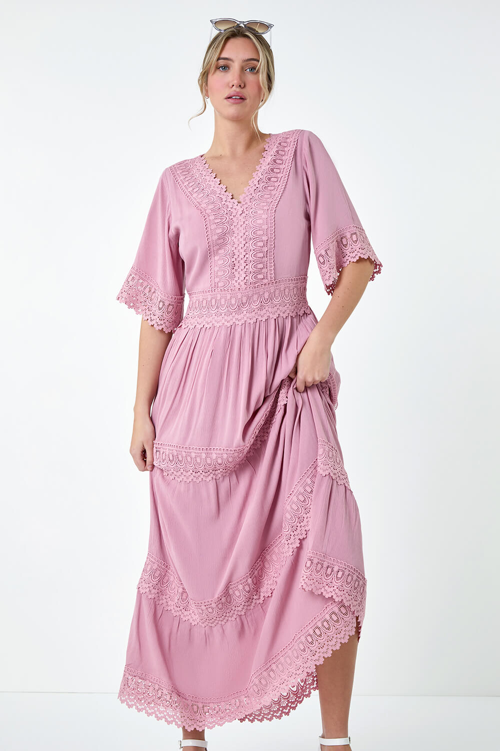 Light Pink Tiered Lace Detail Maxi Dress, Image 4 of 5