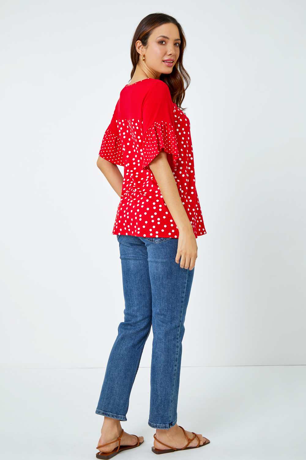 Red Spot Print Frill Sleeve Top, Image 3 of 5