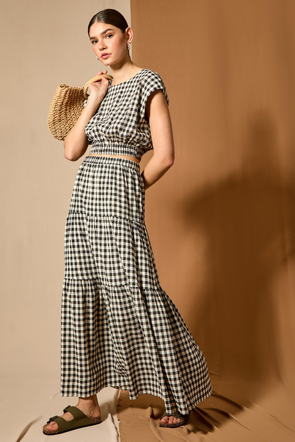 Black Gingham Check Tiered Maxi Skirt, Image 6 of 7