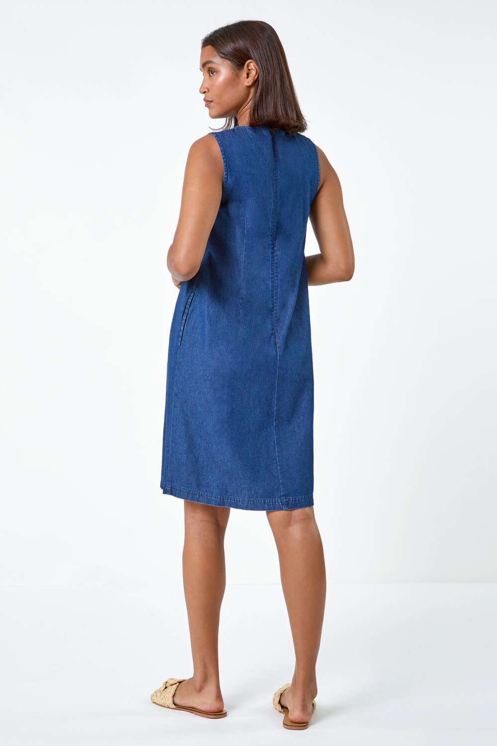 Blue Denim Pintuck Detail Pocket Dress, Image 3 of 5