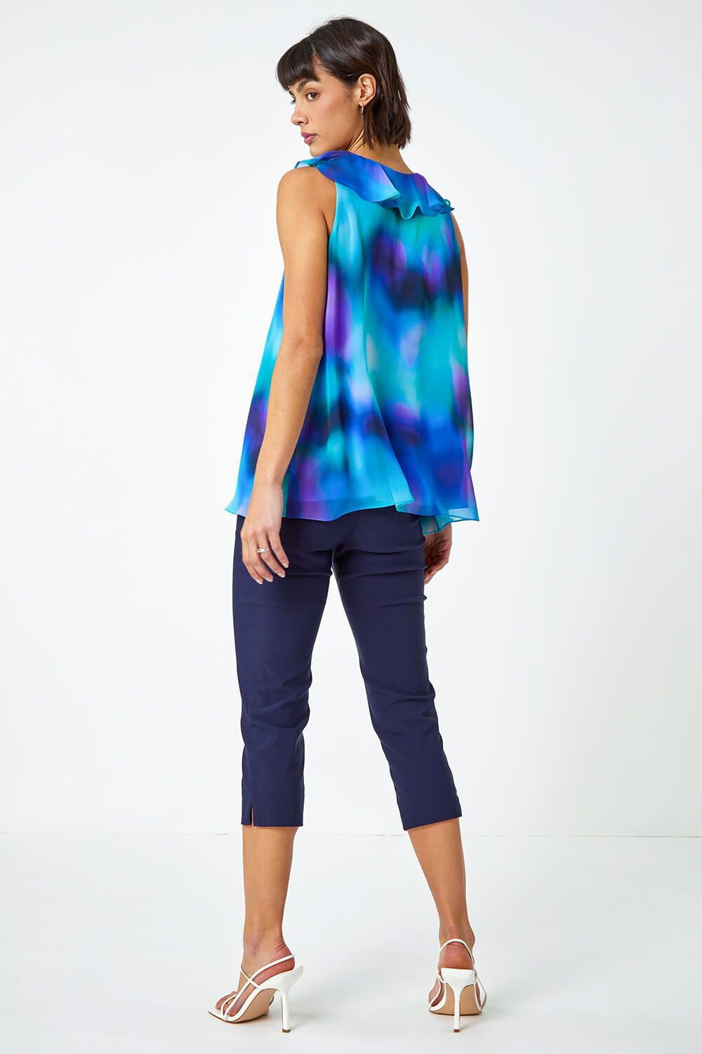 Blue Ombre Print Ruffle Front Top, Image 3 of 5