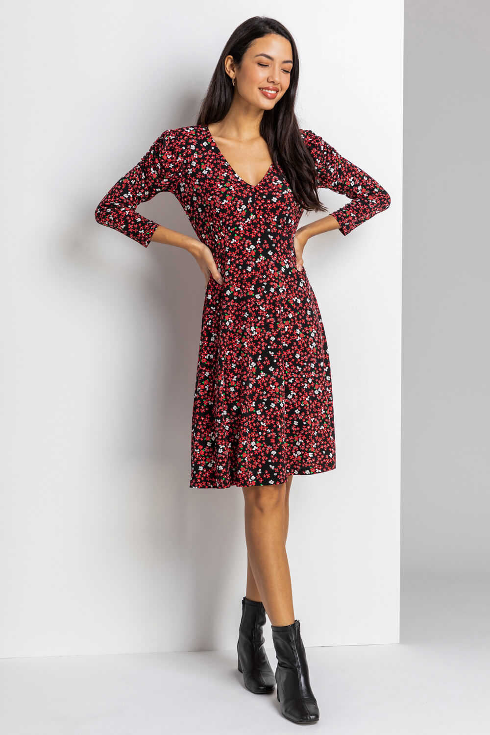 Red Ditsy Floral Fit & Flare Dress, Image 3 of 5