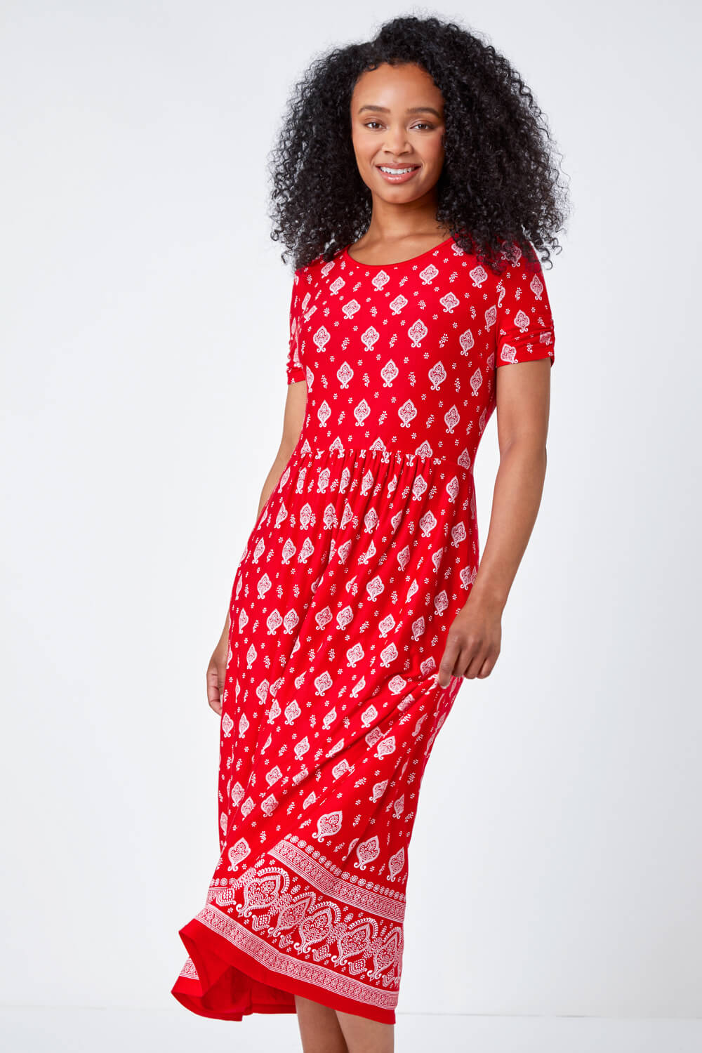 Red Petite Border Print Stretch Midi Dress, Image 2 of 5