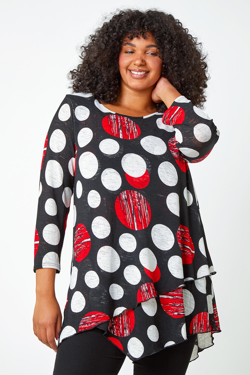 Red Curve Polka Dot Layered Stretch Top, Image 2 of 5