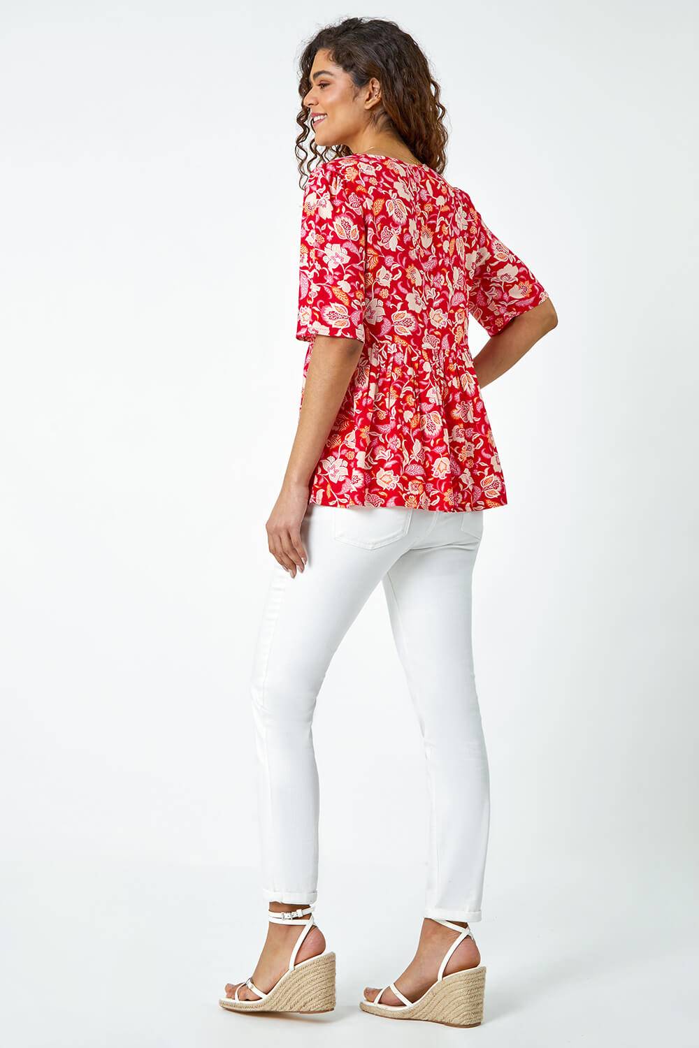 Red Floral Border Tie Smock Top, Image 3 of 5