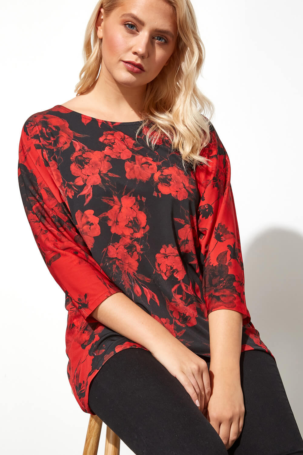 Red Contrast Floral Print Tunic Top, Image 3 of 4