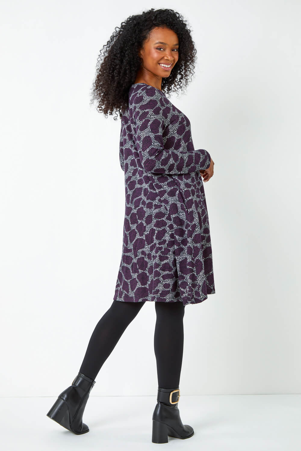 Purple Petite Leopard Print Swing Stretch Dress, Image 3 of 5