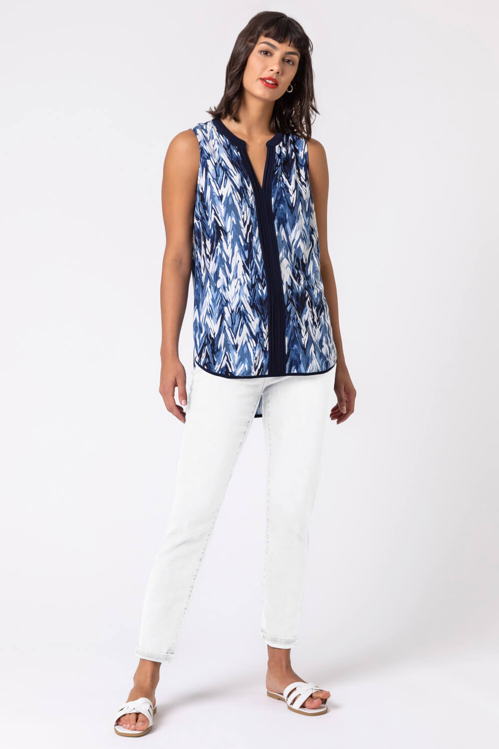 Blue Abstract Print Notch Neck Sleeveless Top, Image 3 of 4