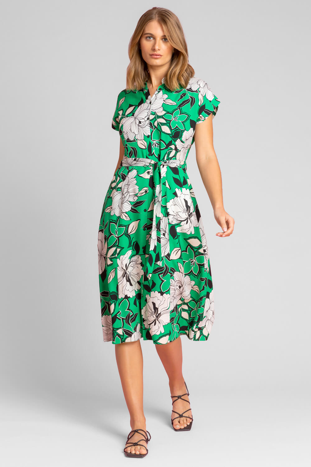 Green Floral Print Belted Shirt Dress, Image 3 of 4