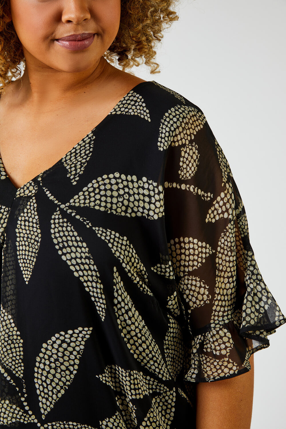 Black Curve Abstract Leaf Print Chiffon Overlay Top, Image 6 of 6