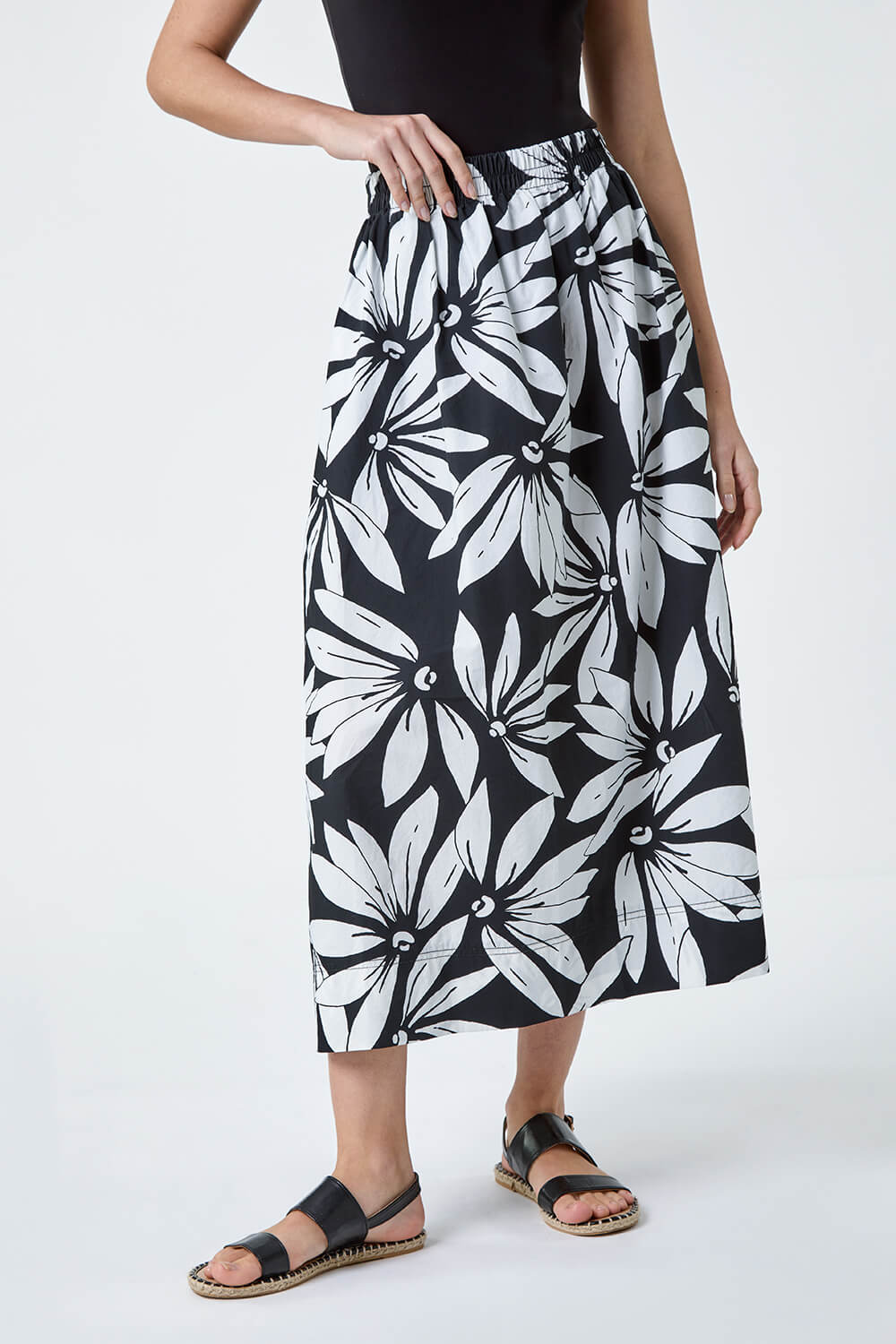 Black Floral Cotton Poplin Pocket Skirt, Image 4 of 5