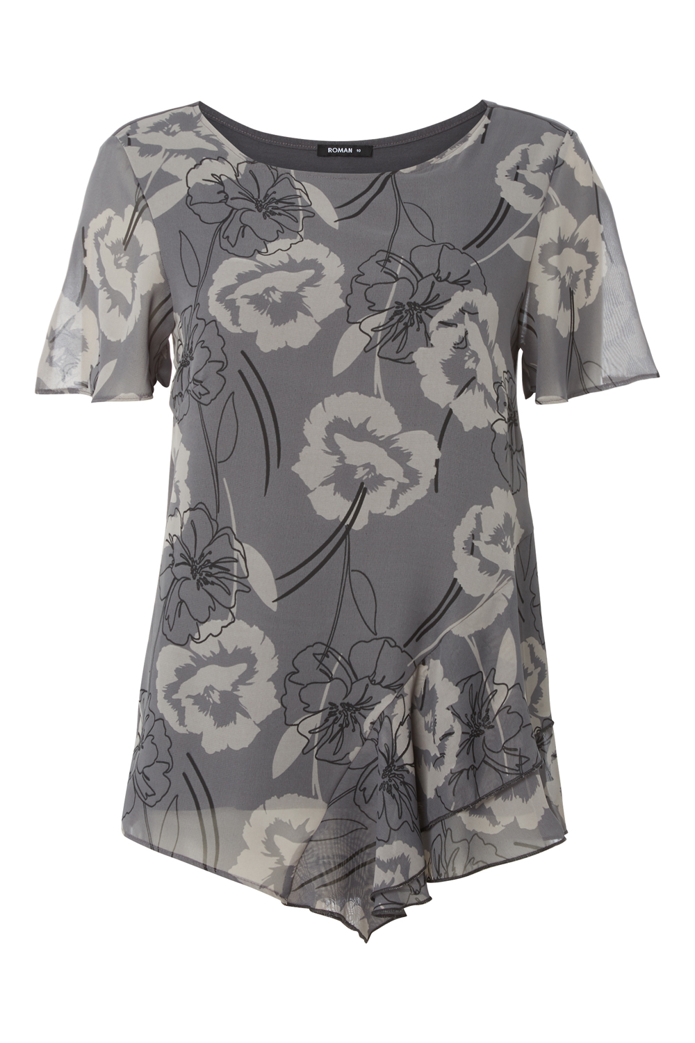 Grey Floral Asymmetric Ruffle Top, Image 4 of 4