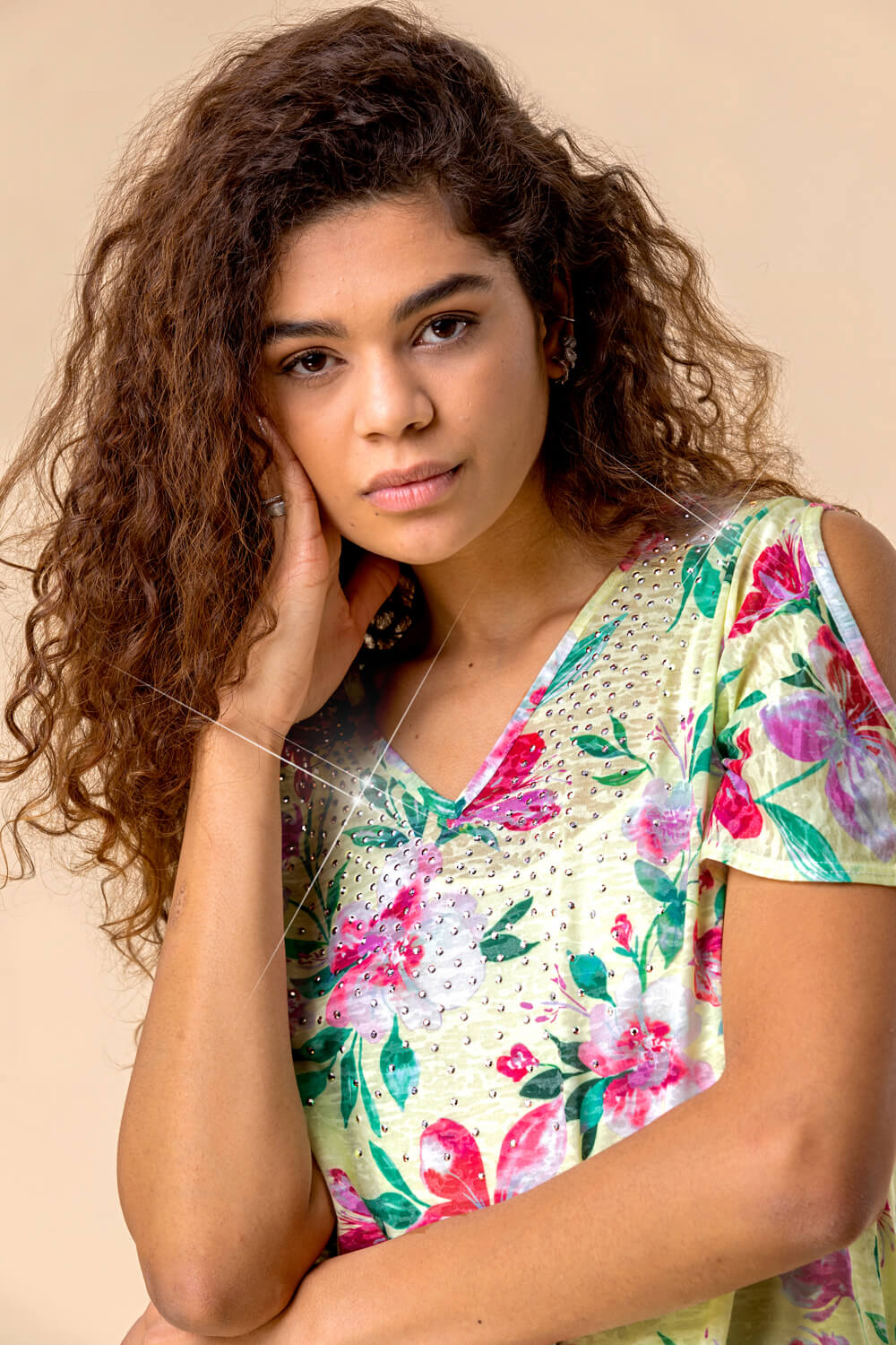 Yellow Hotfix Tropical Print Tie Front Top, Image 4 of 4