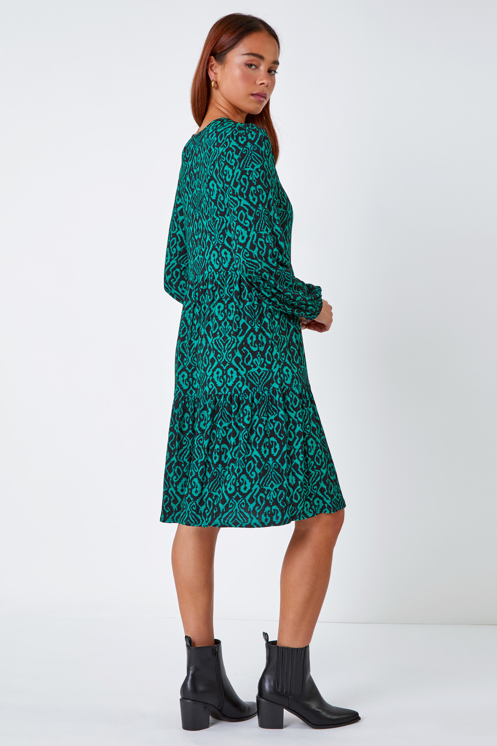 Green Petite Aztec Print Tiered Stretch Dress , Image 3 of 5