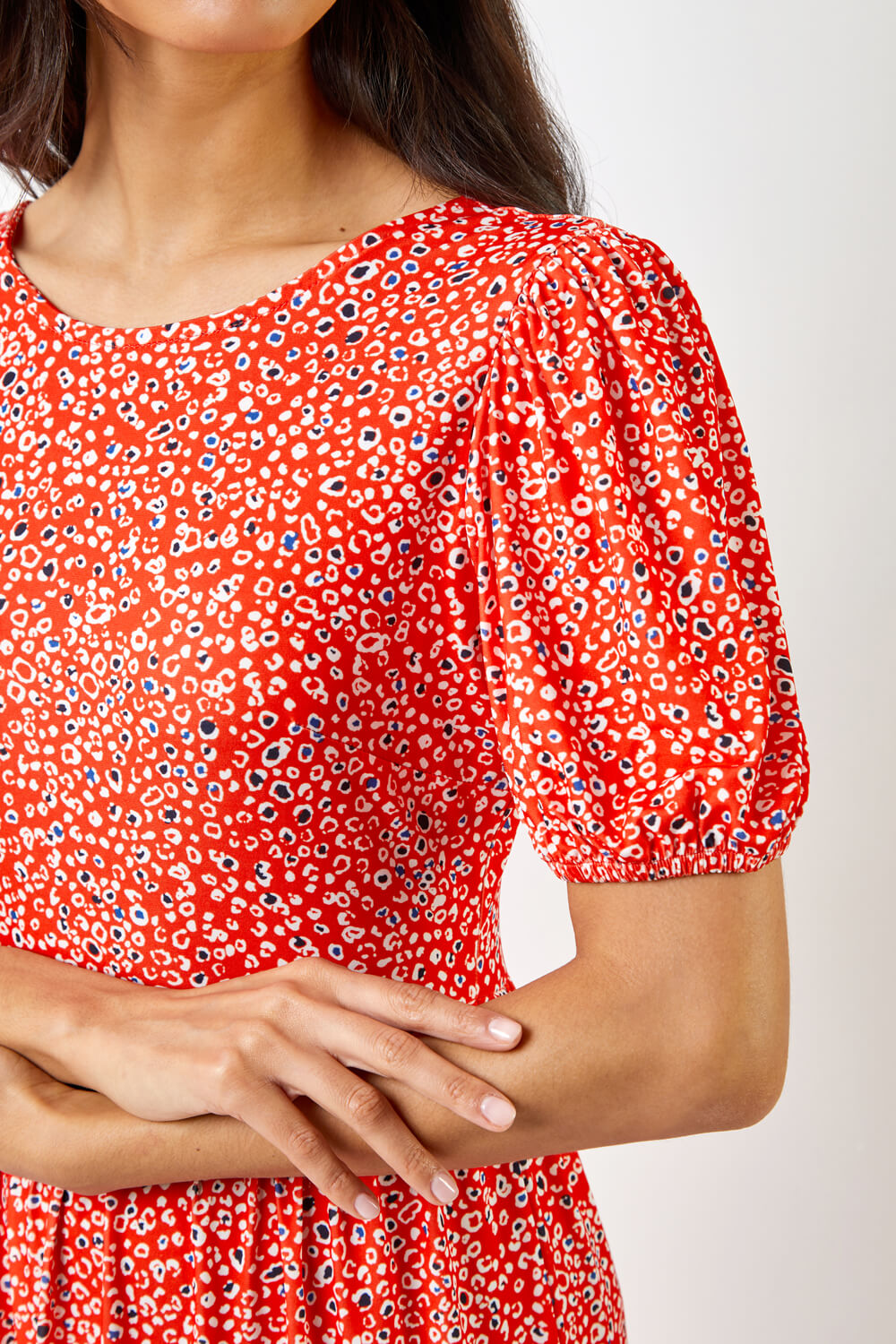 Red Ditsy Leopard Print Frill Hem Midi Dress, Image 5 of 5