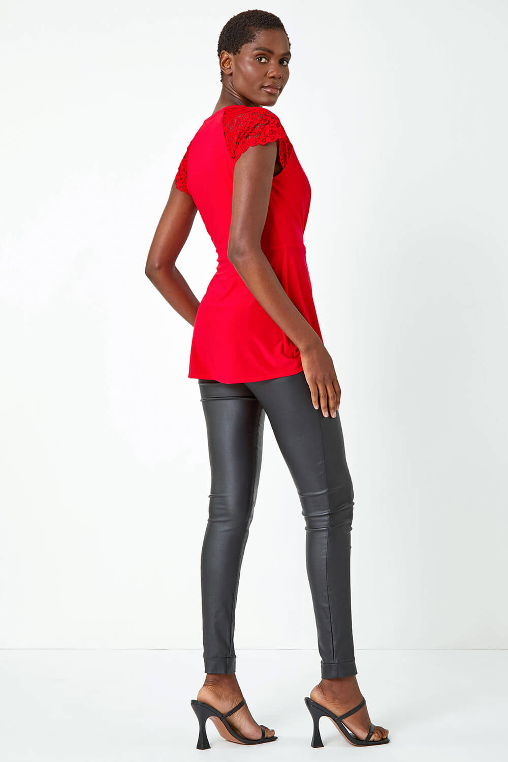 Red Lace Trim Stretch Wrap Top, Image 3 of 5