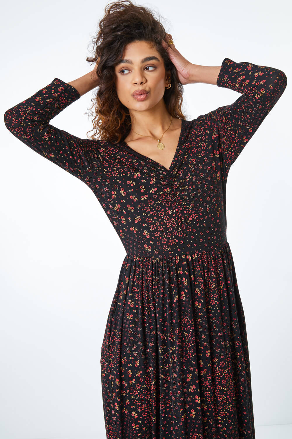 Black Ditsy Floral Maxi Dress, Image 1 of 5