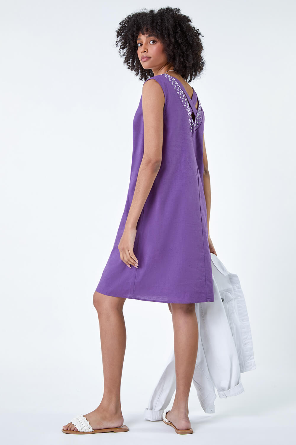 Purple Cotton Blend Embroidered Pocket Shift Dress, Image 3 of 5