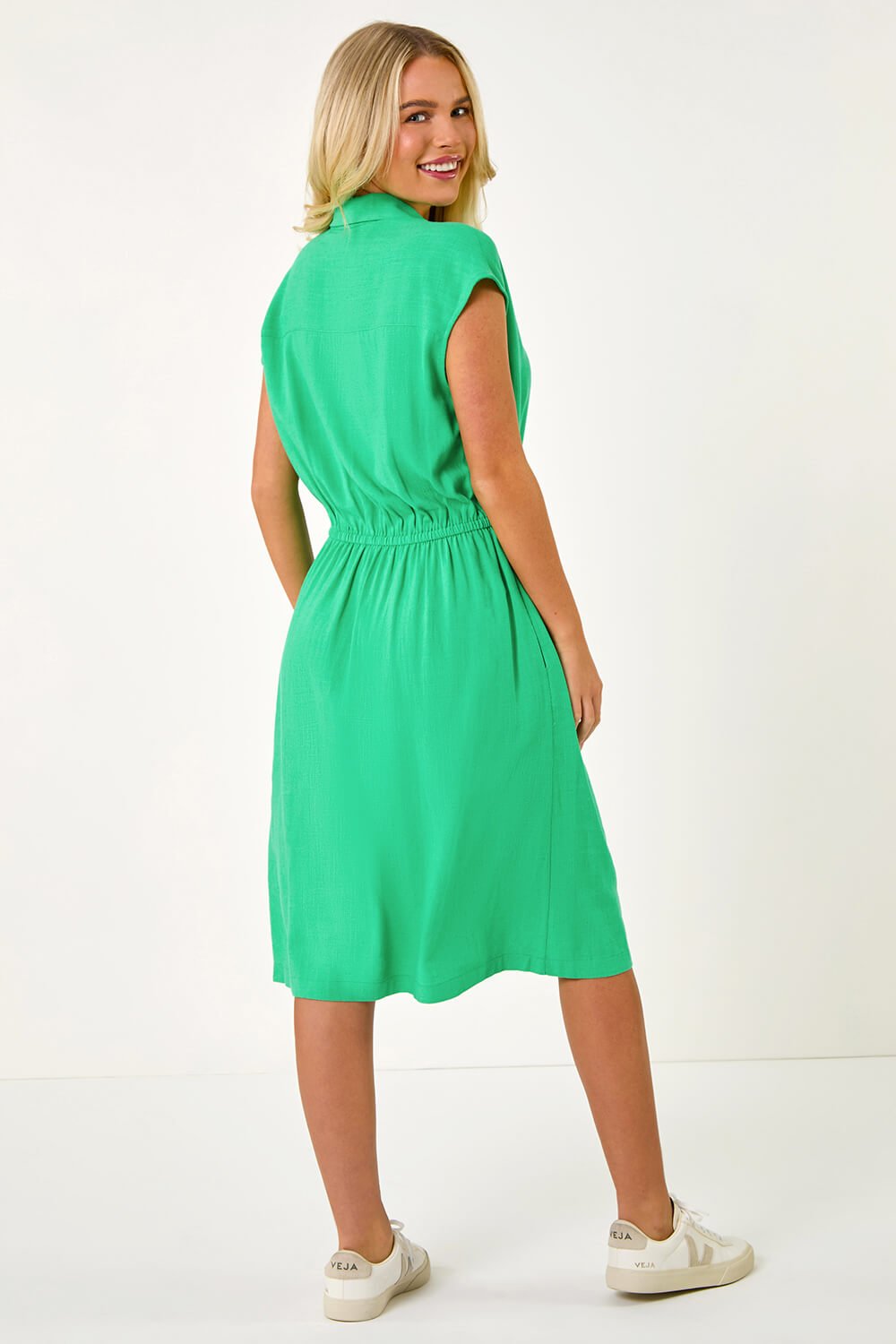 Green Petite Button Detail Tie Waist Shirt Dress, Image 3 of 5