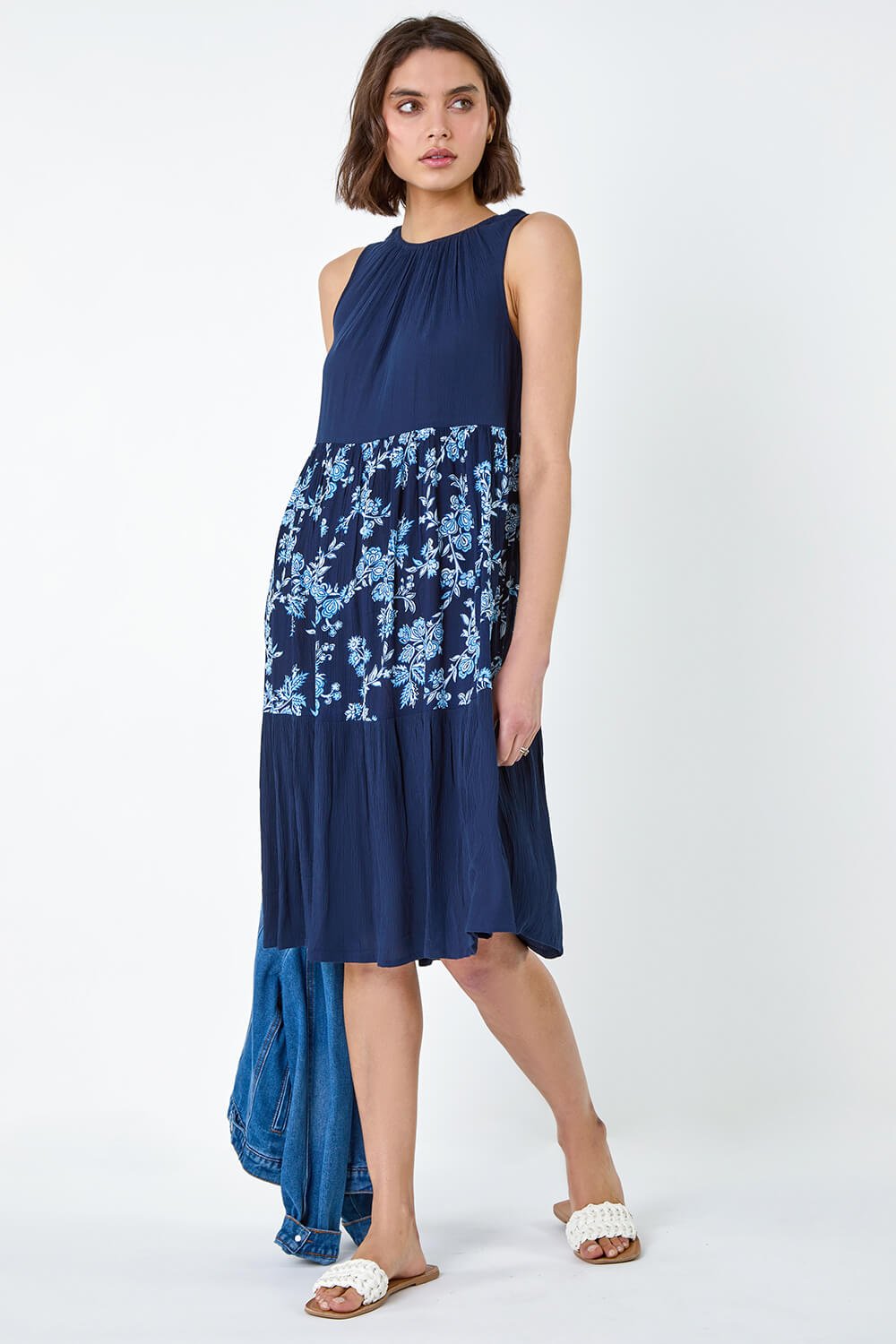 Navy  Floral Print Tiered Smock Dress, Image 2 of 5