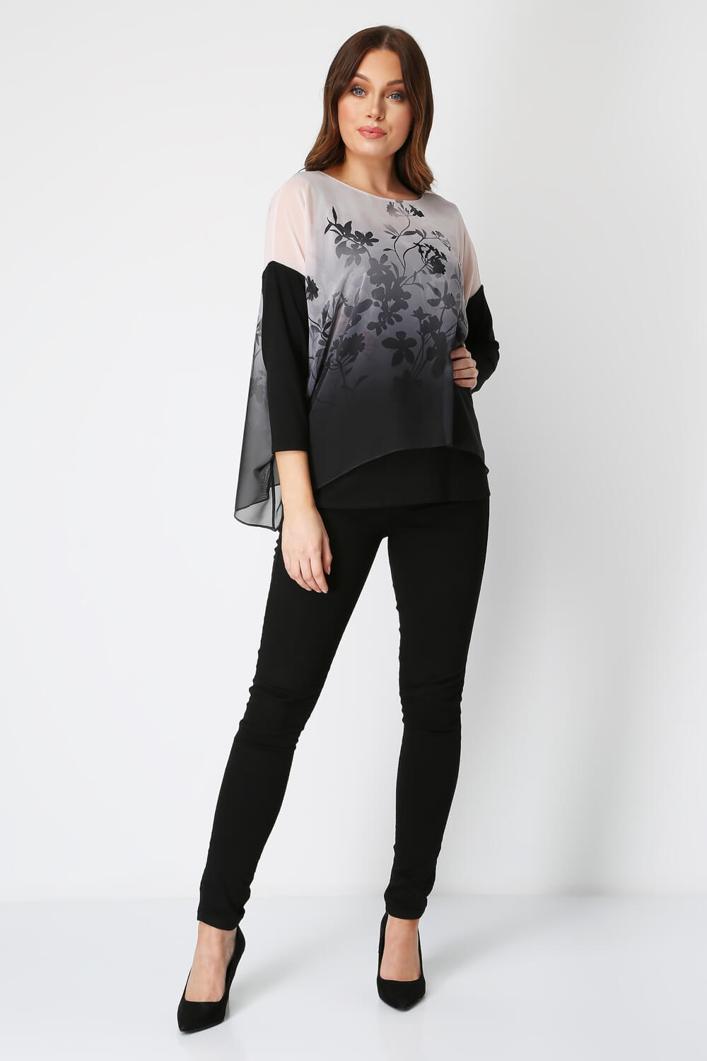 Black Soft Floral Overlay Chiffon Top, Image 3 of 5