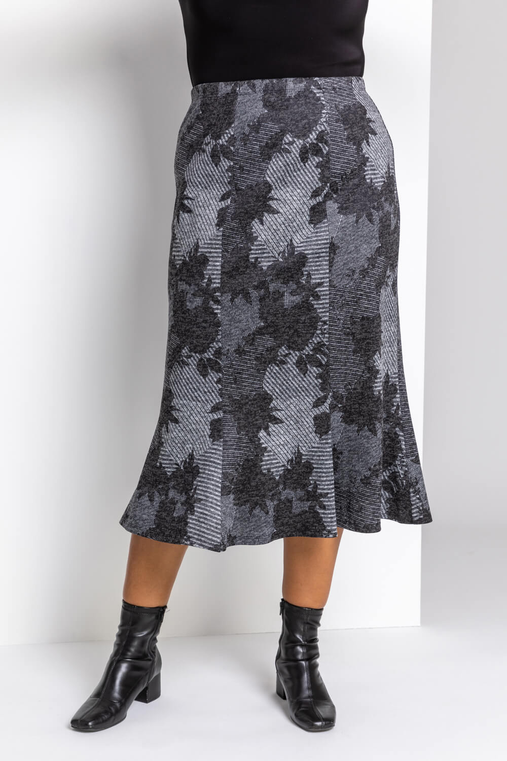 Grey Curve Floral Print Midi Skirt, Image 2 of 4
