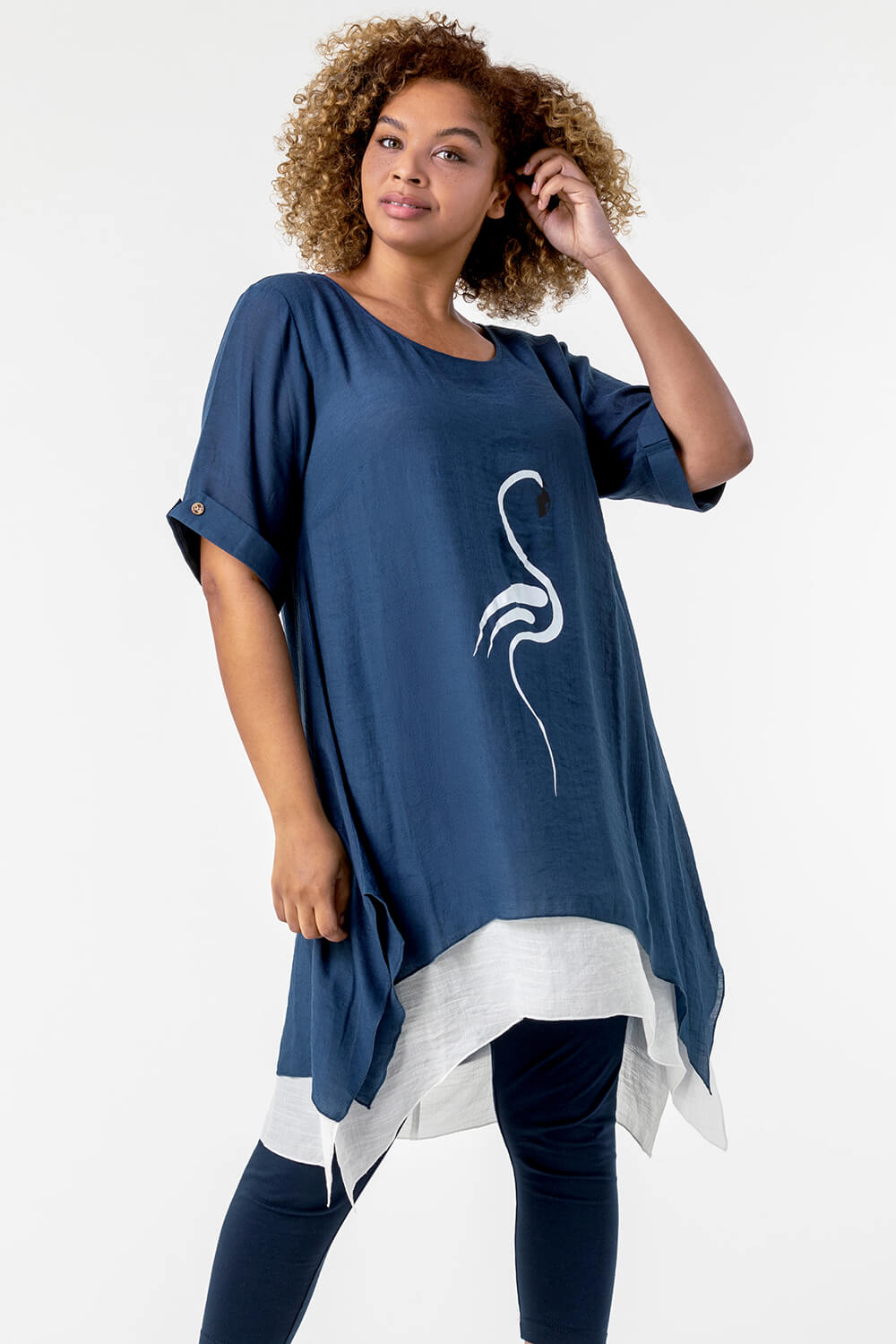 Blue Curve Flamingo Print Asymmetric Tunic Top, Image 3 of 4