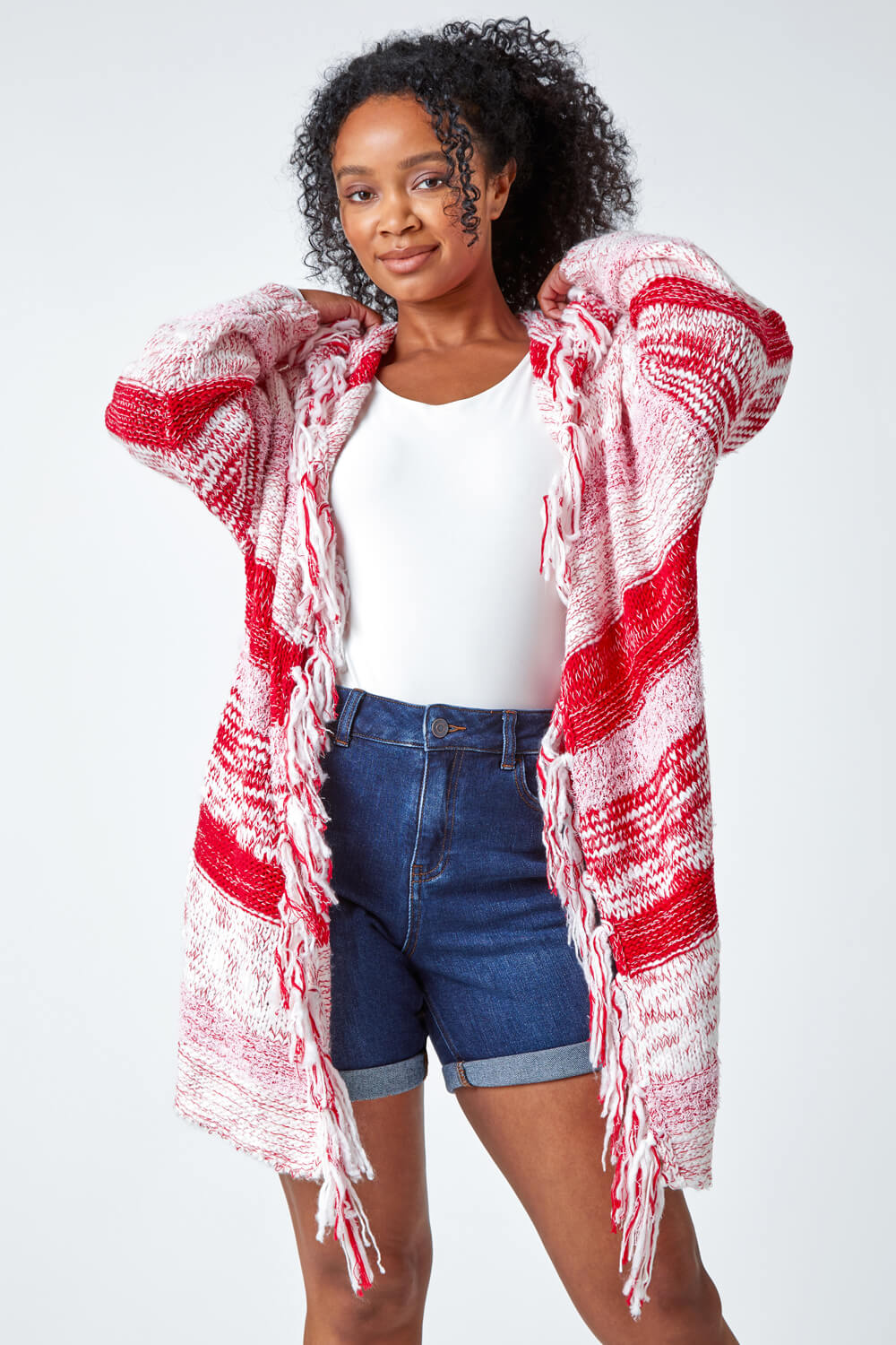 Red Petite Fringed Hooded Cardigan, Image 2 of 5