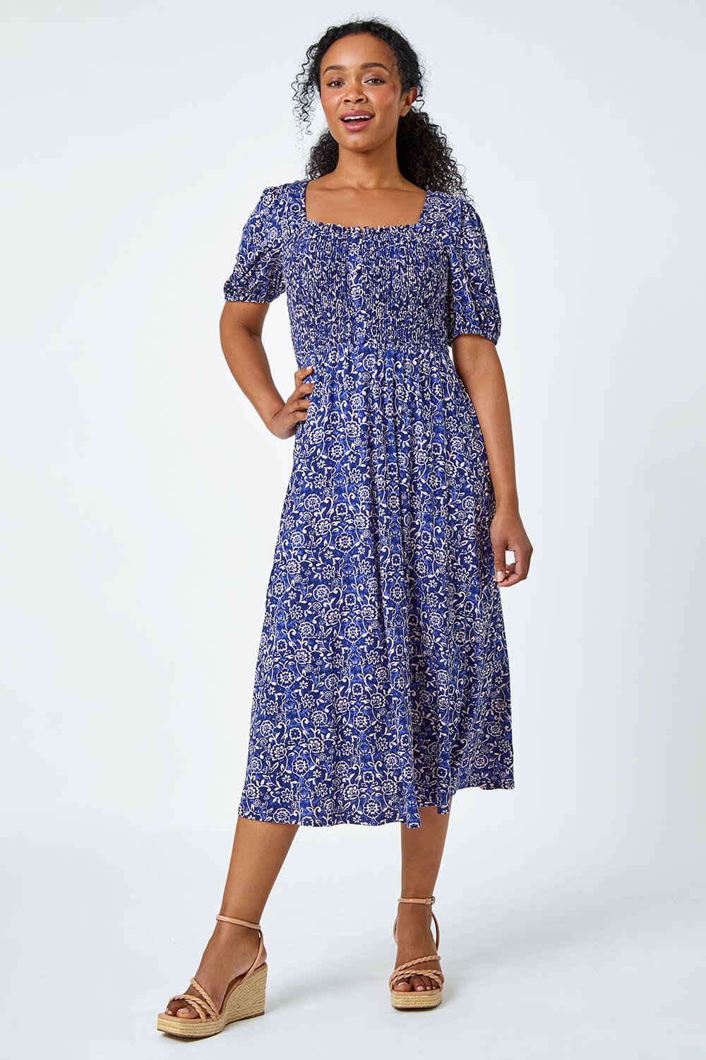 Navy  Petite Shirred Stretch Floral Dress, Image 2 of 5