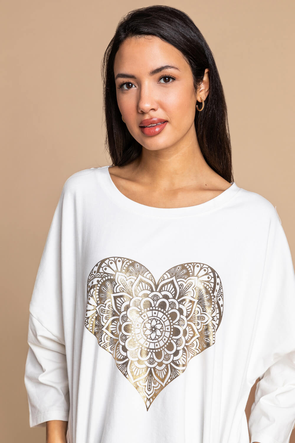 Ivory  One Size Foil Henna Heart Lounge Top, Image 4 of 5