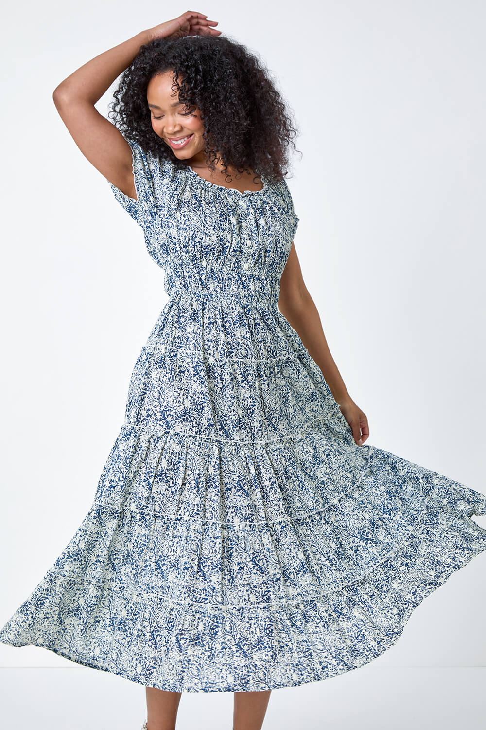 Blue Petite Abstract Puff Sleeve Cotton Dress, Image 2 of 5