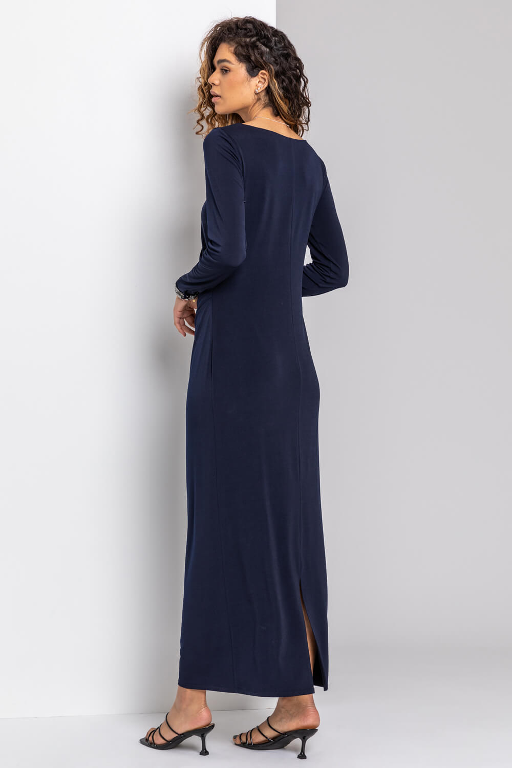 Midnight Blue Sparkle Embellished Ruched Maxi Dress, Image 2 of 4