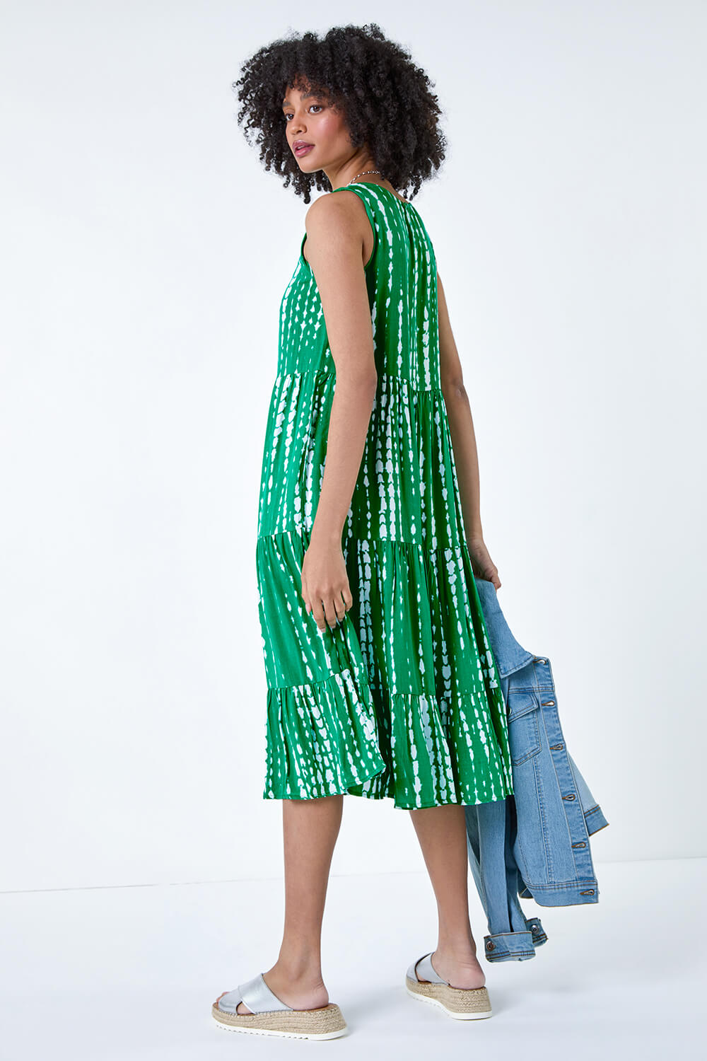 Green Tie Dye Print Sleeveless Smock Dress, Image 3 of 5