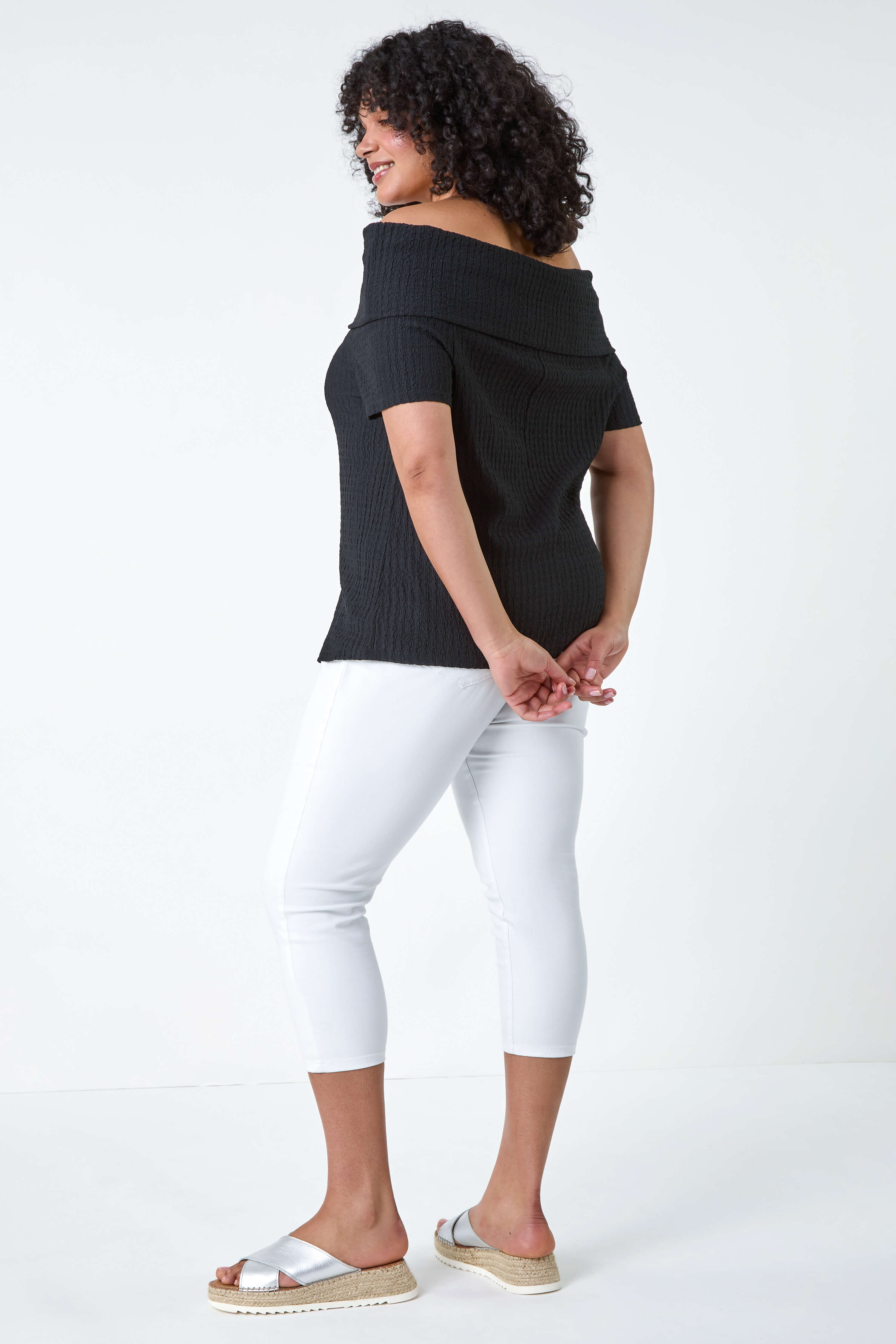 Black Curve Textured Stretch Bardot Top, Image 3 of 5
