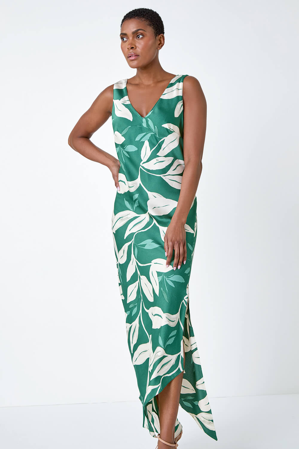 Green Leaf Print Satin Midi Dress, Image 2 of 6