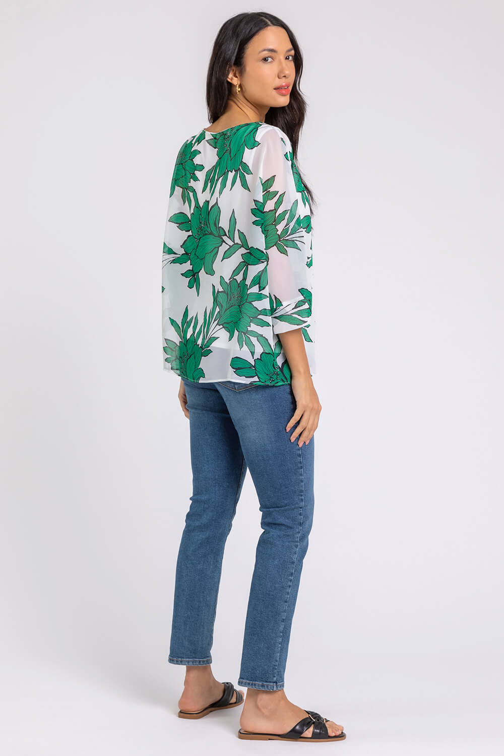 Green Floral Print Chiffon Overlay Top, Image 2 of 5