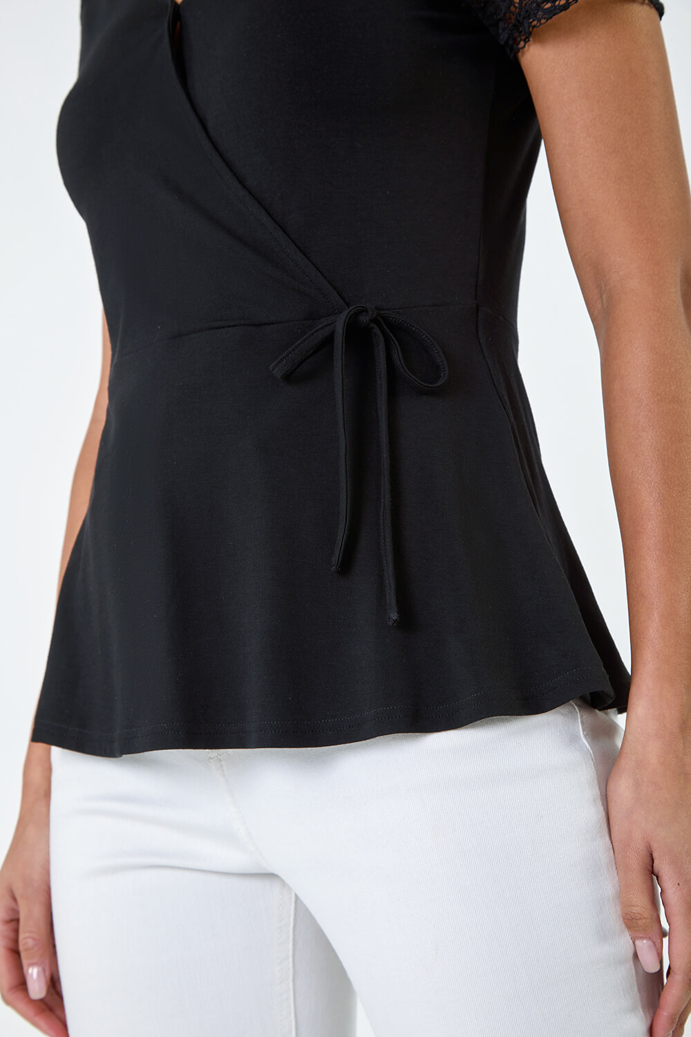 Black Lace Tie Detail Wrap Top, Image 5 of 5