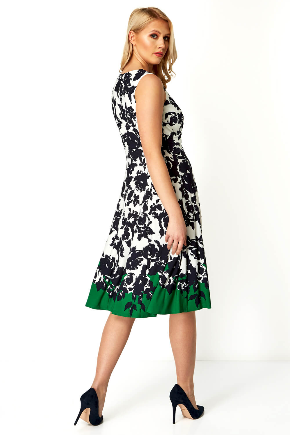 Green Floral Border Print Twist Waist Dress, Image 3 of 4