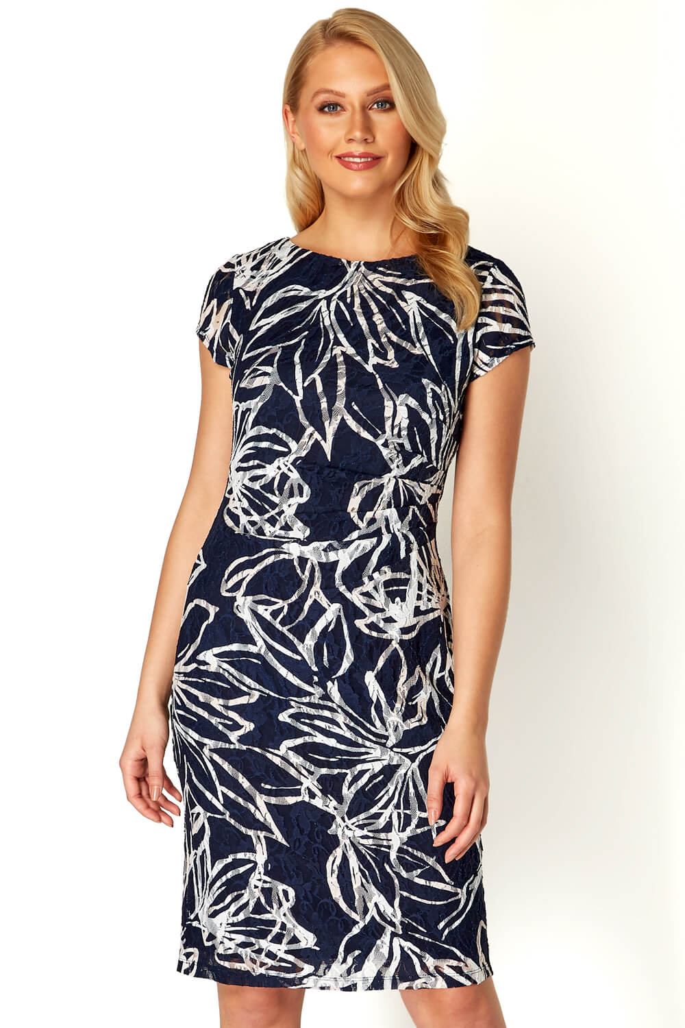 Floral Side Ruched Lace Dress in Navy - Roman Originals UK