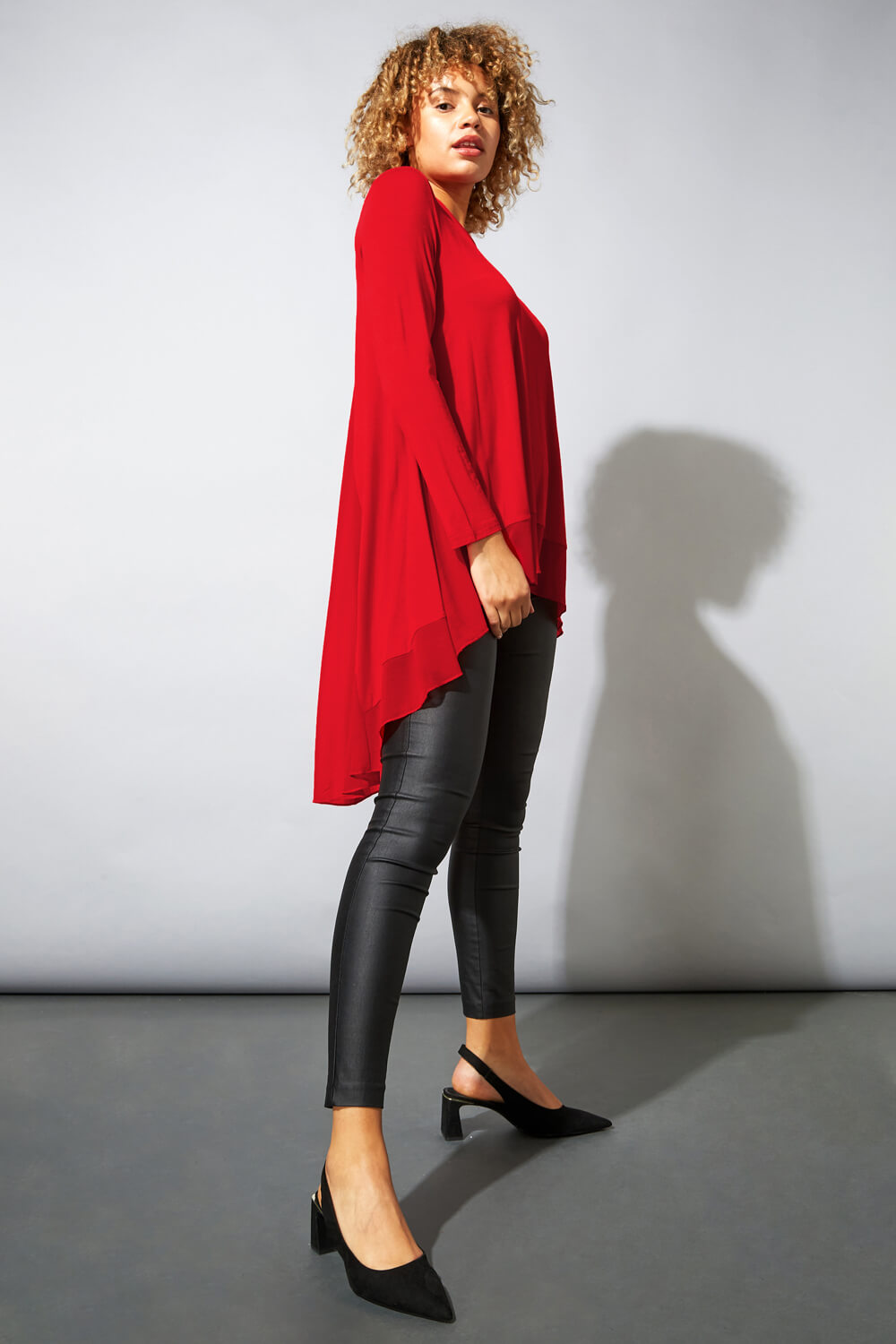Red Floaty Long Sleeve Dipped Hem Chiffon Detail Top, Image 3 of 5
