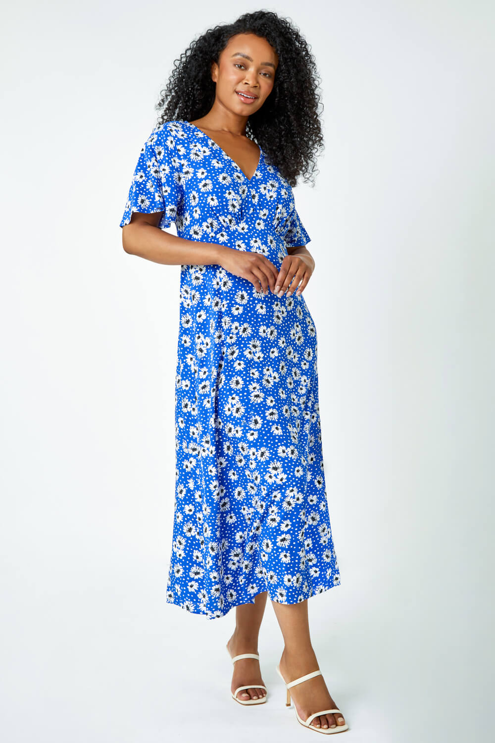 Blue Petite Floral Print Flute Sleeve Dress | Roman UK