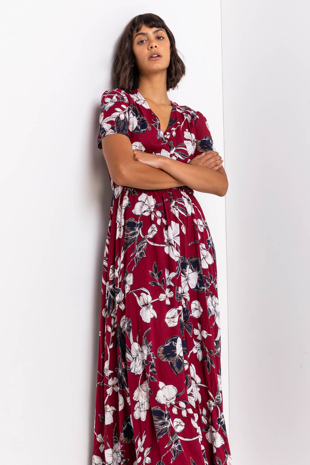 Floral Print Shirred Maxi Dress in Bordeaux - Roman Originals UK