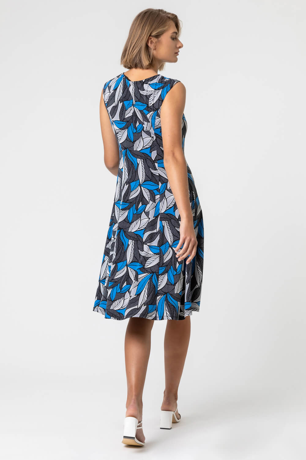 Grey Textured Leaf Print Fit & Flare Dress, Image 2 of 4