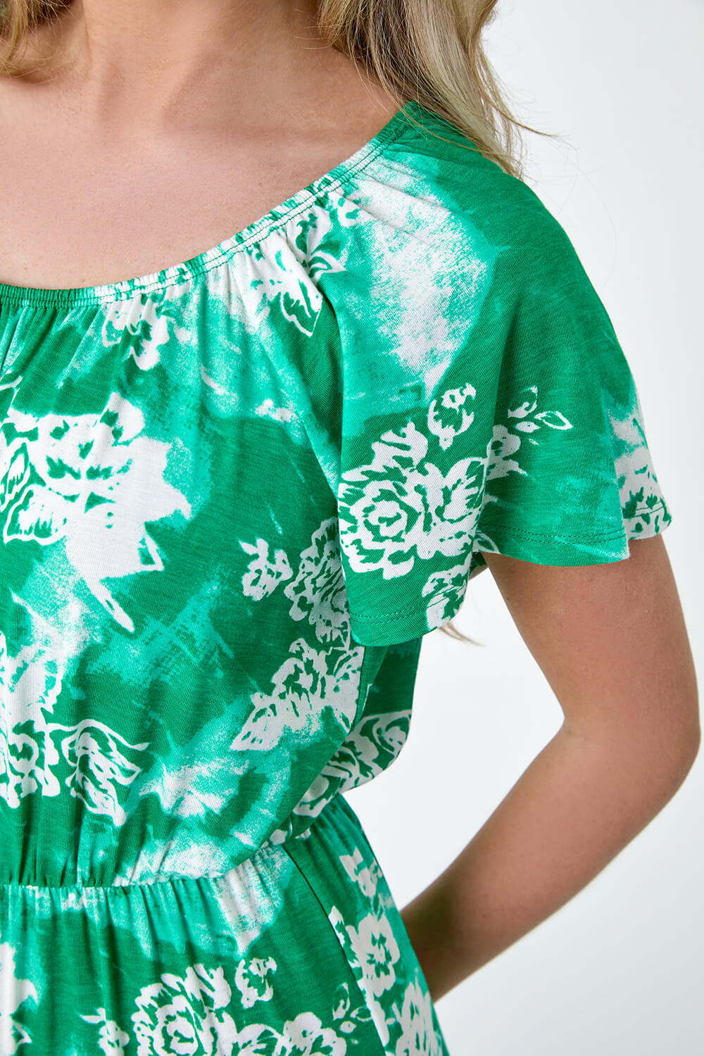 Green Petite Abstract Floral Stretch Frill Dress, Image 5 of 5