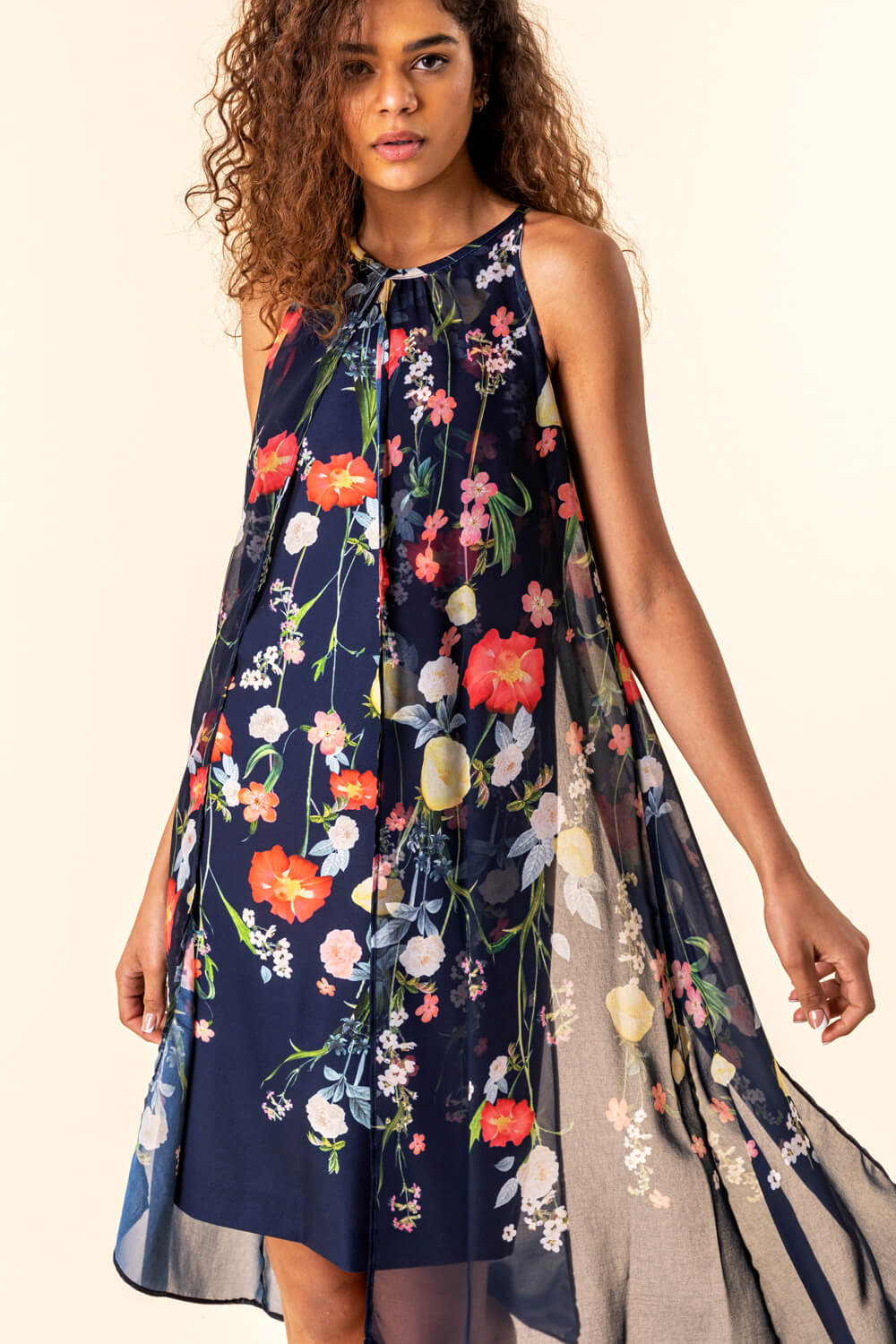 Navy  Floral Chiffon Overlay Dress, Image 3 of 4