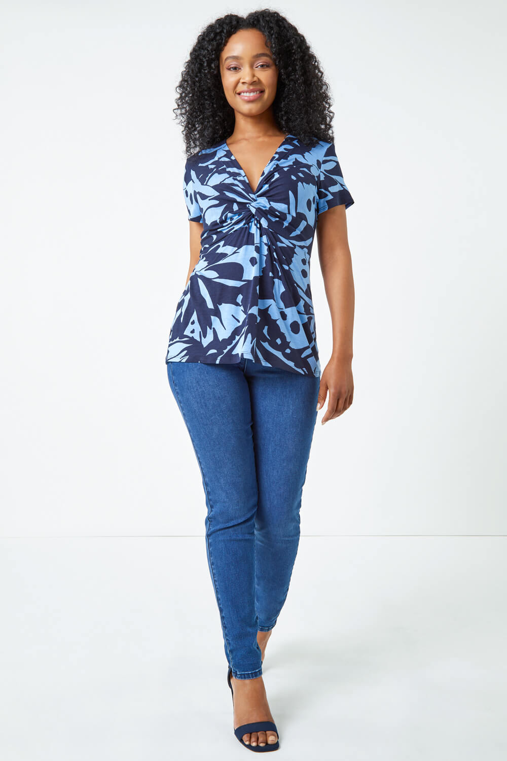 Blue Petite Twist Front Abstract Top, Image 2 of 5